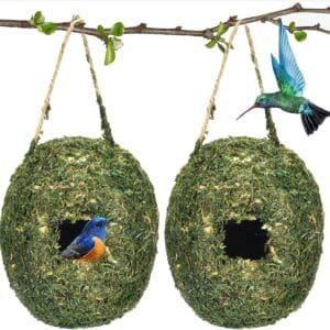 Casa de colibrí para colgar al aire libre, 2 unidades, nido de pájaros, interior o exterior, hierba, pájaros colgantes, casa para pájaros pequeños como colibríes y tetas, jardinería al aire libre,