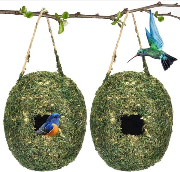 Casa de colibrí para colgar al aire libre, 2 unidades, nido de pájaros, interior o exterior, hierba, pájaros colgantes, casa para pájaros pequeños como colibríes y tetas, jardinería al aire libre,
