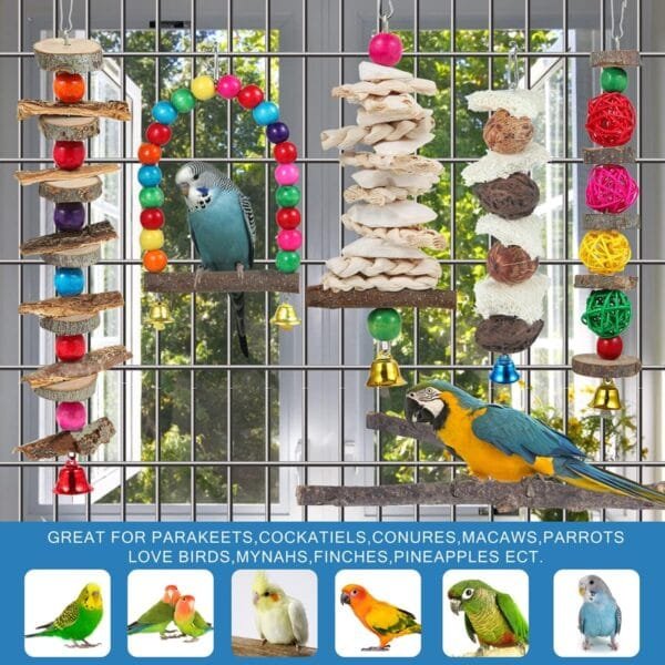 Juguetes de perca para pájaros, juguetes de periquito, paquete de 6 accesorios de jaula de pájaros, juguetes masticables de madera, tortolito, periquito y otros pájaros de tamaño pequeño a mediano - Image 5