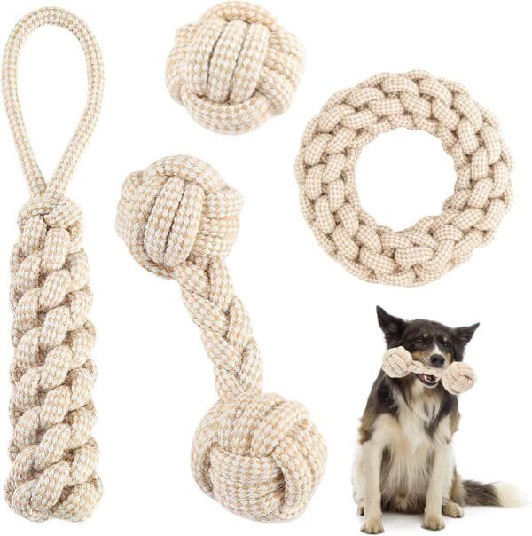 BRISKORE Cuerda de juguete para perros con nudos, juego de 4 juguetes para perros de cáñamo 100% natural, juguete para perros, juguete para perros pequeños (1)
