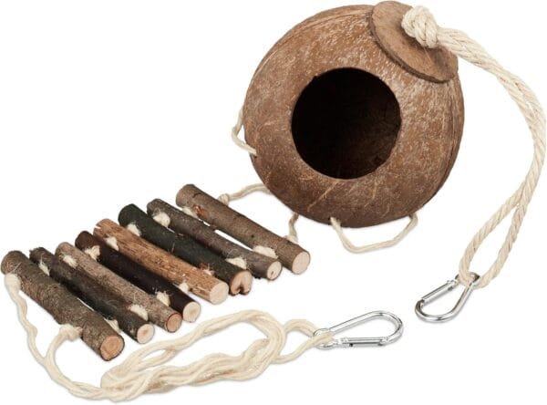 Relaxdays Juguetes para Pájaros, Columpio de Madera, Nido de Coco Jaula, Accesorios para Canarios, Periquitos, Natural, 40% 20% algodón, 120 x 12 x 12 cm - Image 8