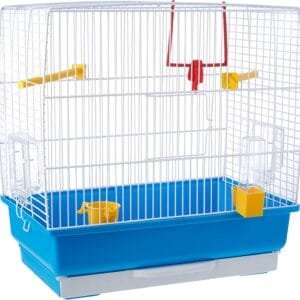 Ferplast Jaula rectangular para pequeños pájaros exóticos y canarios REKORD 2 Con accesorios y comederos giratorios, alambre pintado Blanco y cubeta de plástico Azul celeste, 39 x 25 x h 41 cm