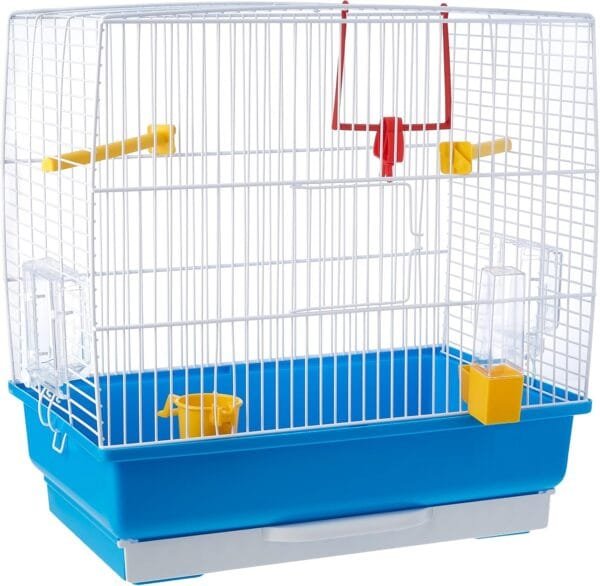 Ferplast Jaula rectangular para pequeños pájaros exóticos y canarios REKORD 2 Con accesorios y comederos giratorios, alambre pintado Blanco y cubeta de plástico Azul celeste, 39 x 25 x h 41 cm