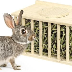 Navaris Henera de Madera de Pino para Conejo - Contenedor Henil para Comida de Conejos y Cobayas - Accesorios Comedero 25 x 15 x 15 cm con Tapa Corrediza para Reponer Heno