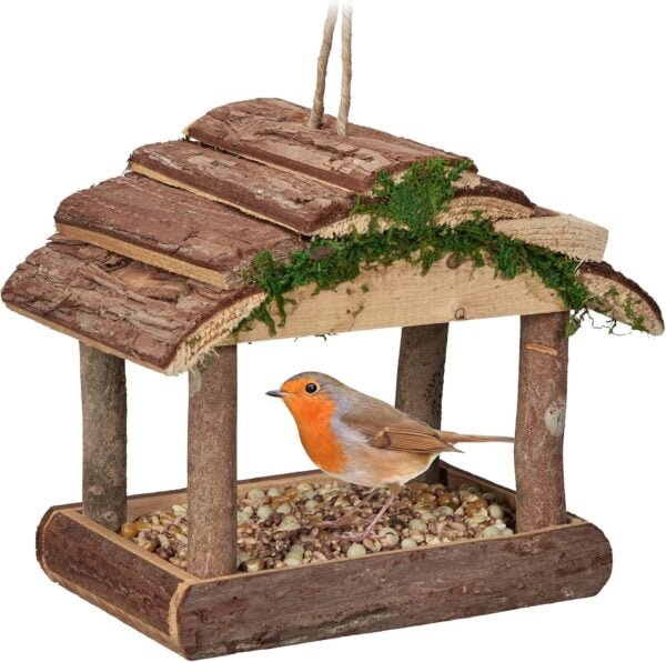 Relaxdays Comedero para pájaros de Madera, para Colgar, 19 x 22 x 16,5 cm, para jardín, comedero para pájaros pequeños, Color Natural