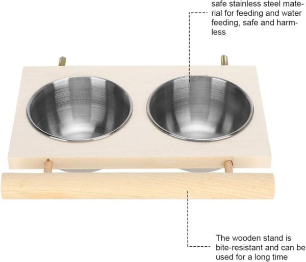 Felenny Cuenco de Alimentación de Loros Comedero de Agua de Acero Inoxidable con Soporte de Madera Comedero de Plato para Pájaros Jaula Accesorio para Periquitos Periquito Cockatiels - Image 2
