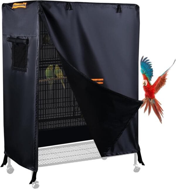 Funda para jaula de pájaros de animales pequeños con 2 cremalleras impermeables y 2 ventanas de ventilación, Cubierta para jaula de loros con 4 tiras reflectantes y 4 hebillas fijas (88x61x120cm)