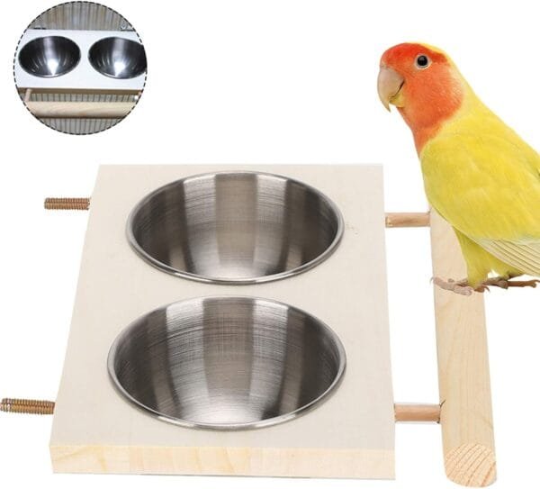 Felenny Cuenco de Alimentación de Loros Comedero de Agua de Acero Inoxidable con Soporte de Madera Comedero de Plato para Pájaros Jaula Accesorio para Periquitos Periquito Cockatiels - Image 4
