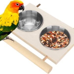Felenny Cuenco de Alimentación de Loros Comedero de Agua de Acero Inoxidable con Soporte de Madera Comedero de Plato para Pájaros Jaula Accesorio para Periquitos Periquito Cockatiels