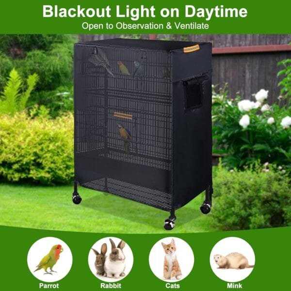 Funda para jaula de pájaros de animales pequeños con 2 cremalleras impermeables y 2 ventanas de ventilación, Cubierta para jaula de loros con 4 tiras reflectantes y 4 hebillas fijas (88x61x120cm) - Image 7