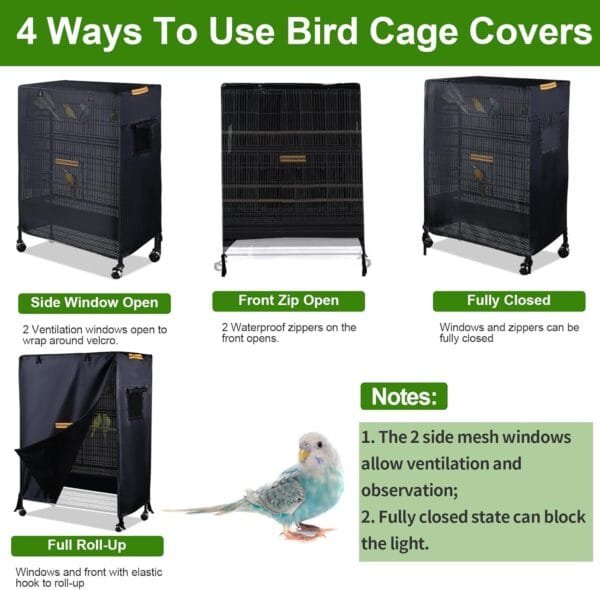 Funda para jaula de pájaros de animales pequeños con 2 cremalleras impermeables y 2 ventanas de ventilación, Cubierta para jaula de loros con 4 tiras reflectantes y 4 hebillas fijas (88x61x120cm) - Image 4