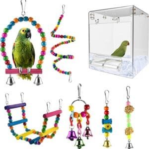 QeeHeng Bañera para pájaros, Caja de baño para pájaros, Bandeja para alimentador de Alimentos para pájaros pequeños, (Caja de baño para pájaros sin Fugas + 6 Juguetes para pájaros) (Transparente)