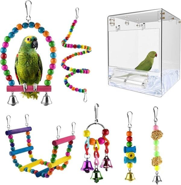 QeeHeng Bañera para pájaros, Caja de baño para pájaros, Bandeja para alimentador de Alimentos para pájaros pequeños, (Caja de baño para pájaros sin Fugas + 6 Juguetes para pájaros) (Transparente)